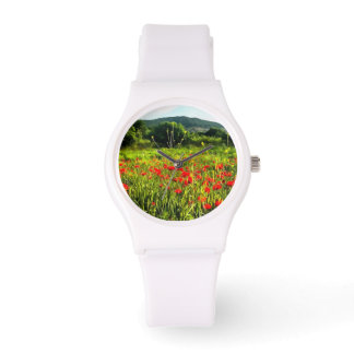 Spring Poppies Meadow and Mountain Landscape Watch