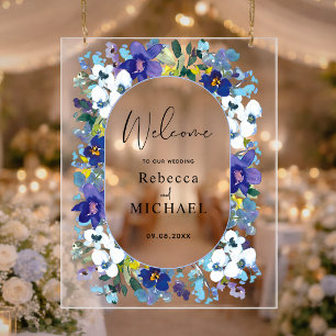 spring purple dusty blue floral wedding welcome  acrylic sign