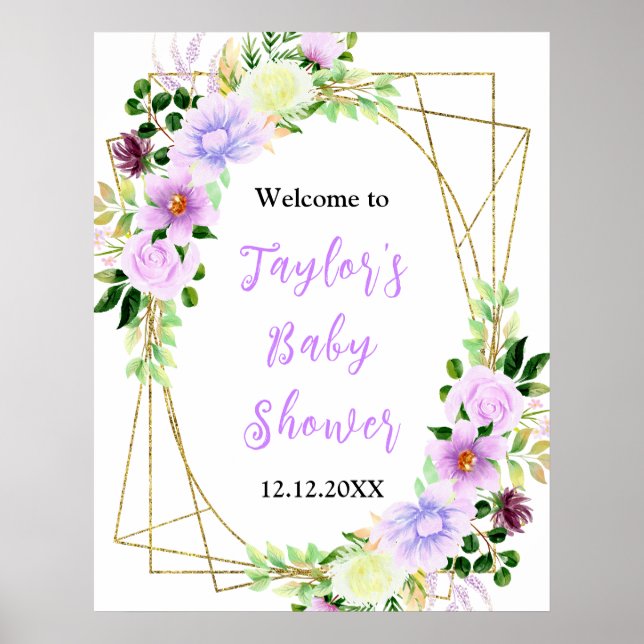 Spring Purple Floral Baby Shower Welcome Sign (Front)