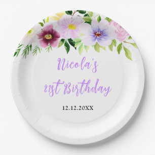 Spring Purple Floral Birthday Paper Plate