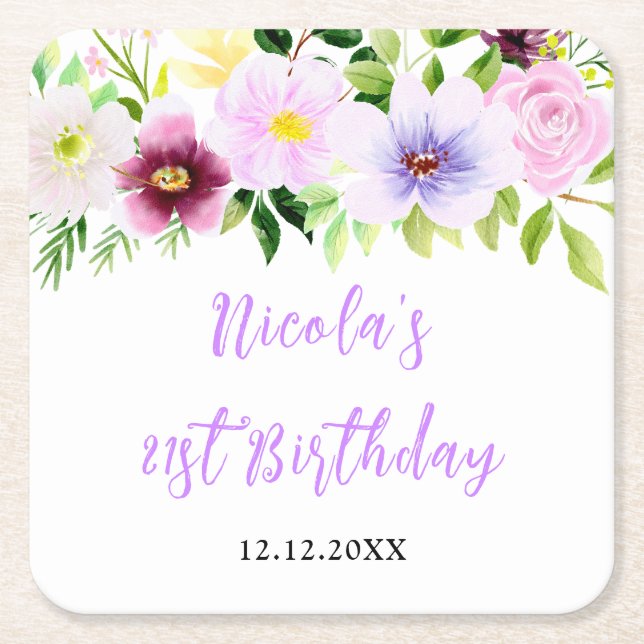 Spring Purple Floral Birthday Square Paper Coaster (Front)