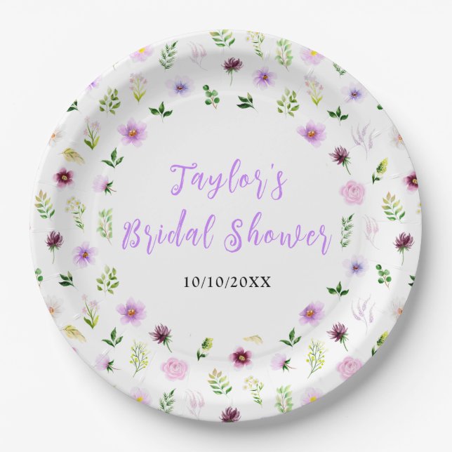 Spring Purple Floral Bridal Shower Paper Plate (Front)