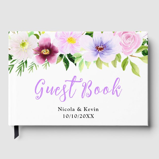 Spring Purple Floral Wedding Guest Book (Front)