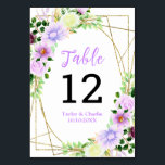 Spring Purple Floral Wedding Table Number<br><div class="desc">This beautiful and elegant wedding table number sign features watercolor purple flowers and foliage on a gold geometric frame. The text combines handwritten script and serif fonts for a stylish and modern look. This is perfect for a spring rustic wedding.</div>