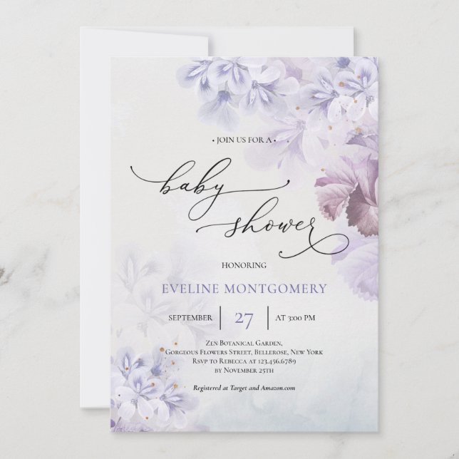Spring purple flowers dusty blue brown Baby Shower Invitation (Front)