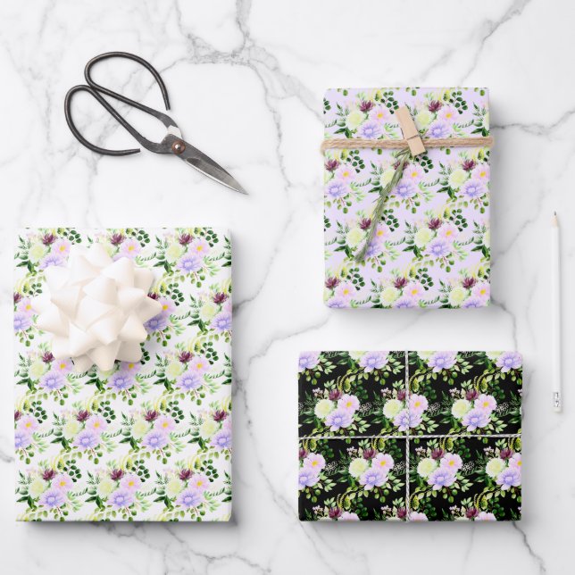 Spring Purple Flowers with Foliage Wrapping Paper Sheet (Front)