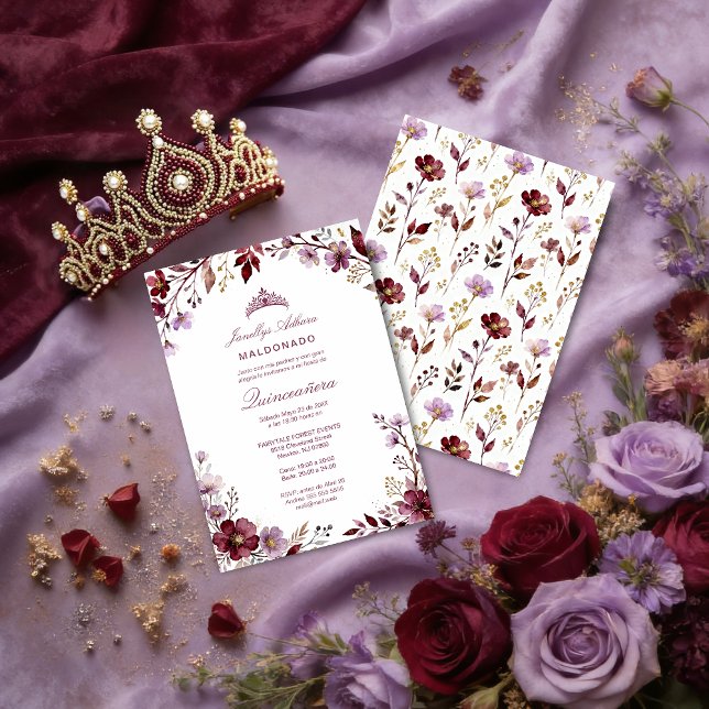 Spring Purple-Toned Botanical Branches Tiara XVs Invitation (Stylish Spring Botanical Purple-Toned Exquisite Branches Quinceañera Invitation Cards.)