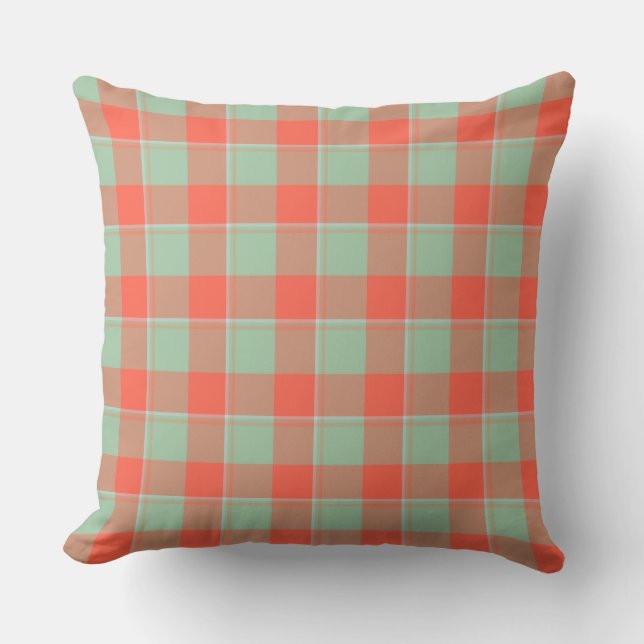 Spring Rain and Persimmon Plaid Green Apricot Cushion (Front)