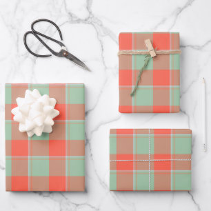 Spring Rain and Persimmon Plaid Green Apricot Wrapping Paper Sheet