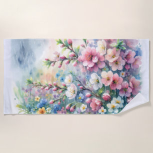 Spring Rain Blossom Watercolor Cottagecore Beach Towel