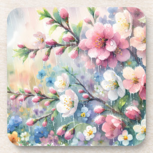 Spring Rain Blossom Watercolor Cottagecore Coaster