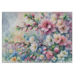 Spring Rain Blossom Watercolor Cottagecore Cutting Board