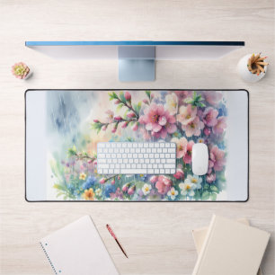 Spring Rain Blossom Watercolor Cottagecore Desk Mat