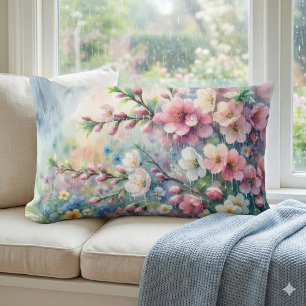 Spring Rain Blossom Watercolor Cottagecore Lumbar Cushion