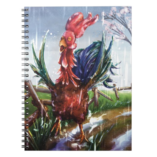 Spring Rain Rooster Illustration Spiral Notebook (Front)