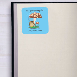 Spring Rain Shower Owl Mushroom Bookplate Square Sticker