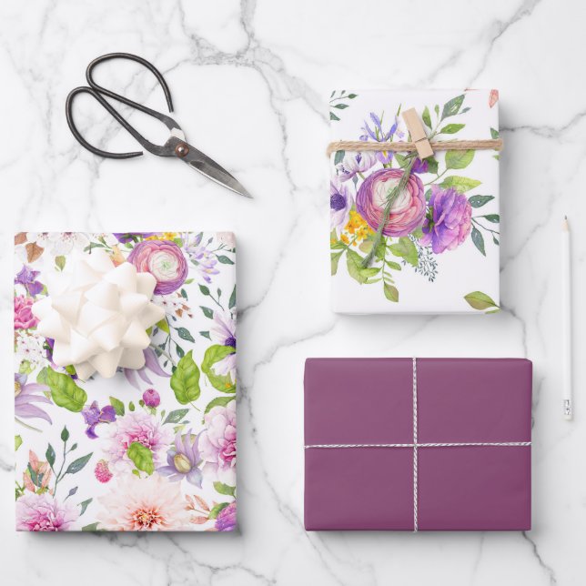 Spring Ranunculus and Rose Collage Wrapping Paper Sheet (Front)