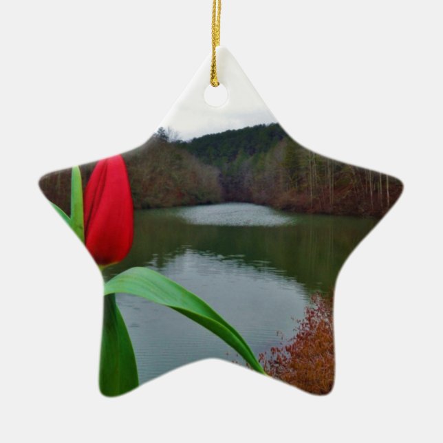 Spring Red Tulip at Lake Arrowhead Ceramic Tree Decoration (Front)