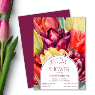 Spring red yellow watercolor tulips Bridal shower Invitation