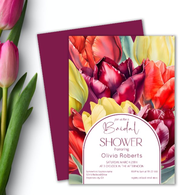 Spring red yellow watercolor tulips Bridal shower Invitation (Creator Uploaded)