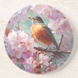 Spring Robin Blossom Watercolor Coaster