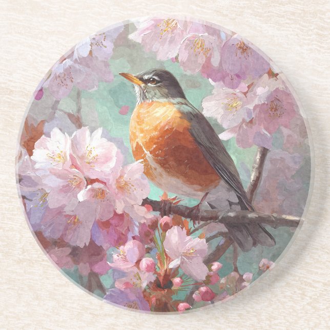 Spring Robin Blossom Watercolor Coaster (Front)