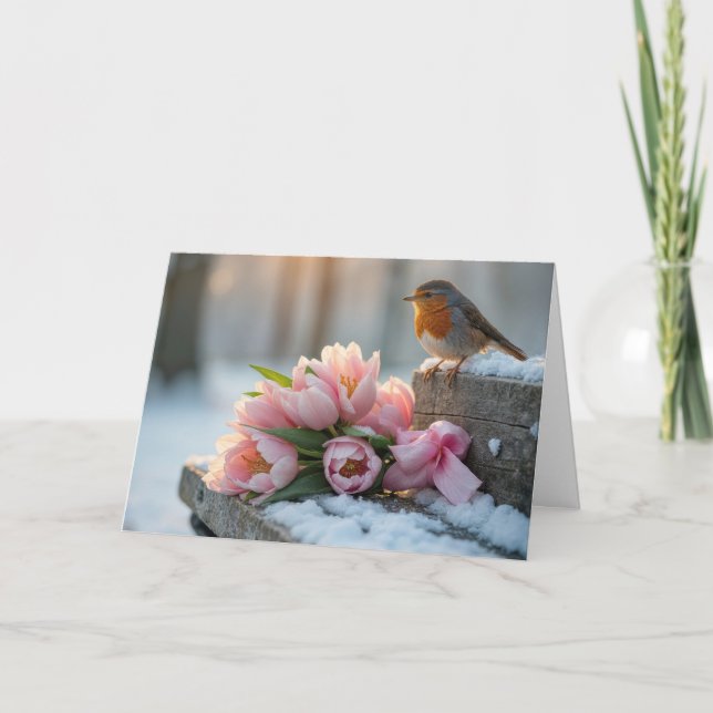 Spring Robin With Pink Tulips Card (Front)