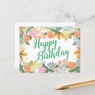 Spring Rose Bloom Clover Happy Birthday  Postcard
