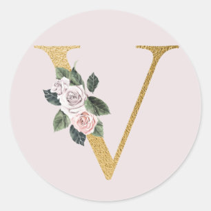 Spring roses gold initials sticker letter V