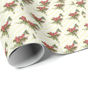 Spring Roses on Yellow Stripes Wrapping Paper