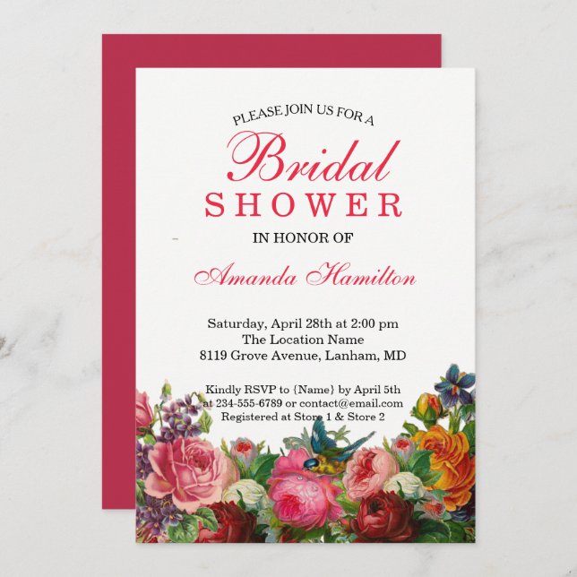 Spring rustic Floral pink BIRD Bridal Shower Invitation (Front/Back)