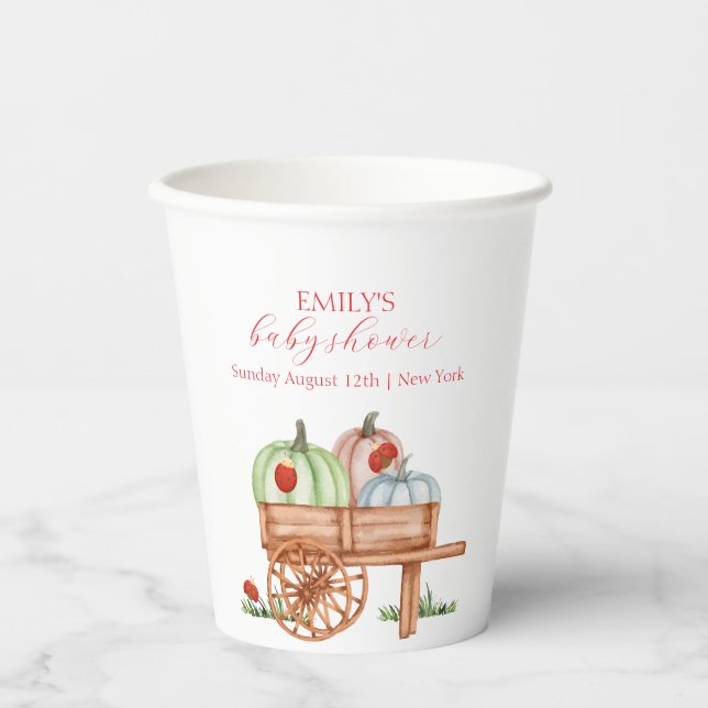 Spring Rustic Modern Pumpkin Labybug Baby Shower Paper Cups (Front)