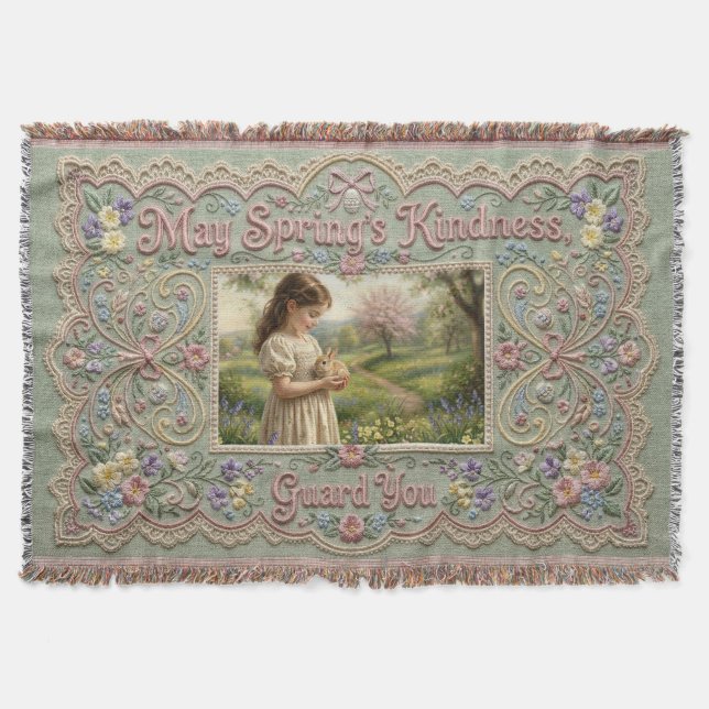 Spring’s Kindness Guardian Personalised Faux‑Embro Throw Blanket (Front)