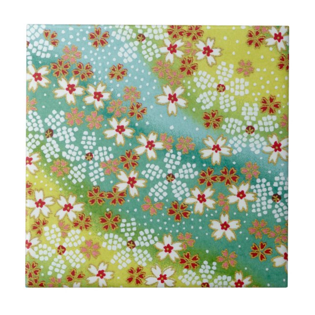 Spring Sakura Cherry Blossom Blue Yellow Origami Tile (Front)