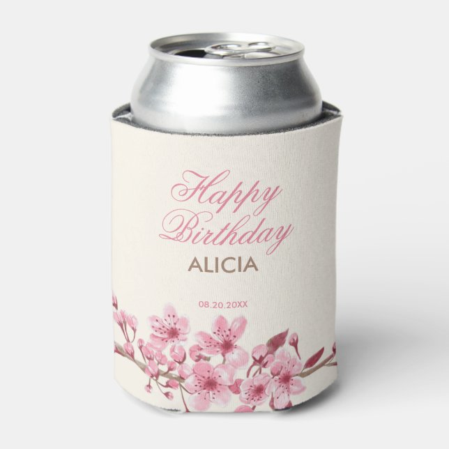 Spring Sakura Cherry Blossom Pink Cream Birthday Can Cooler (Can Front)