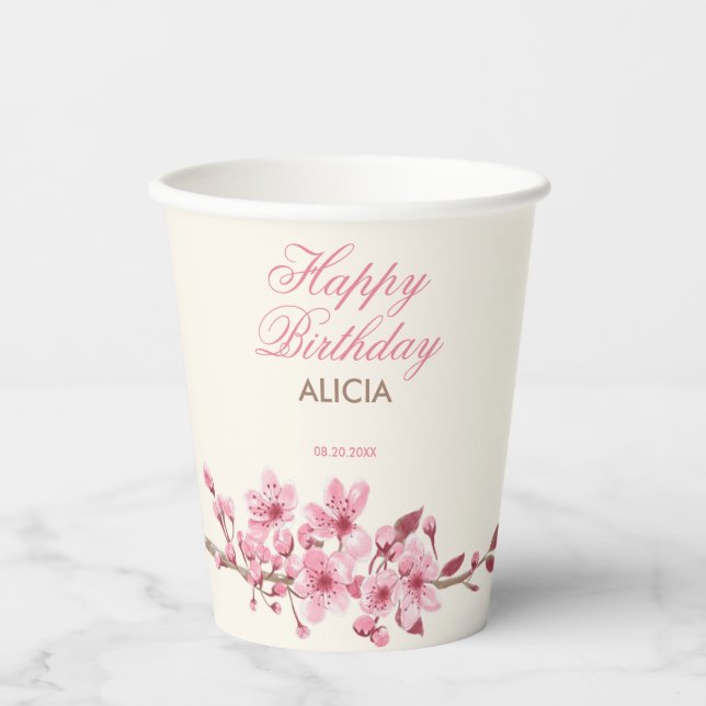 Spring Sakura Cherry Blossom Pink Cream Birthday Paper Cups (Front)