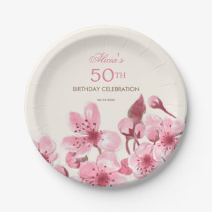 Spring Sakura Cherry Blossom Pink Cream Birthday Paper Plate