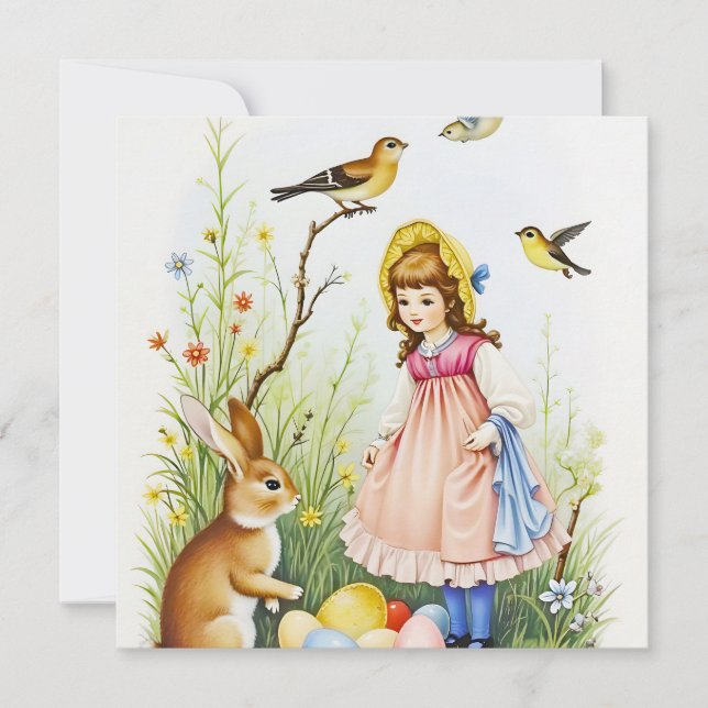 Spring Scene with Girl, Rabbit and Easter Eggs (Front)