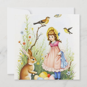 Spring Scene with Girl, Rabbit and Easter Eggs