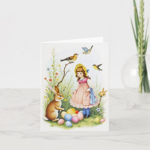 Spring Scene with Girl, Rabbit and Easter Eggs Card