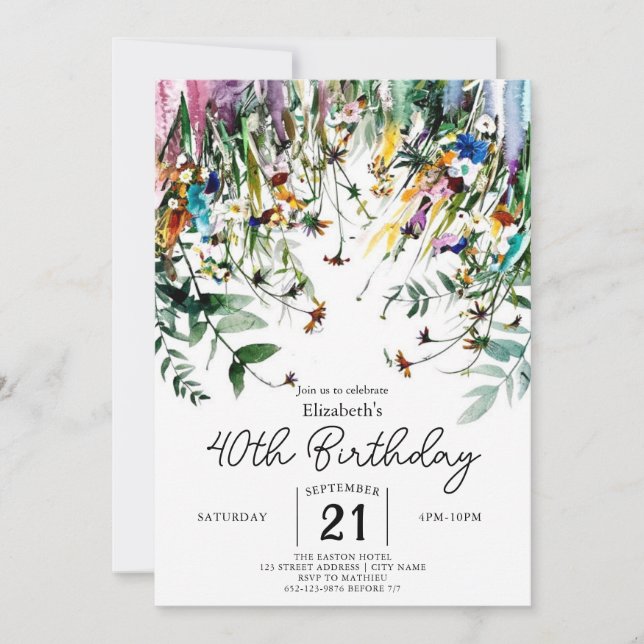 Spring Script Wildflowers 40th birthday Invitation (Front)