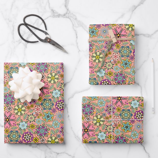 Spring Season Retro Flower Colours Seamless Patter Wrapping Paper Sheet (Front)