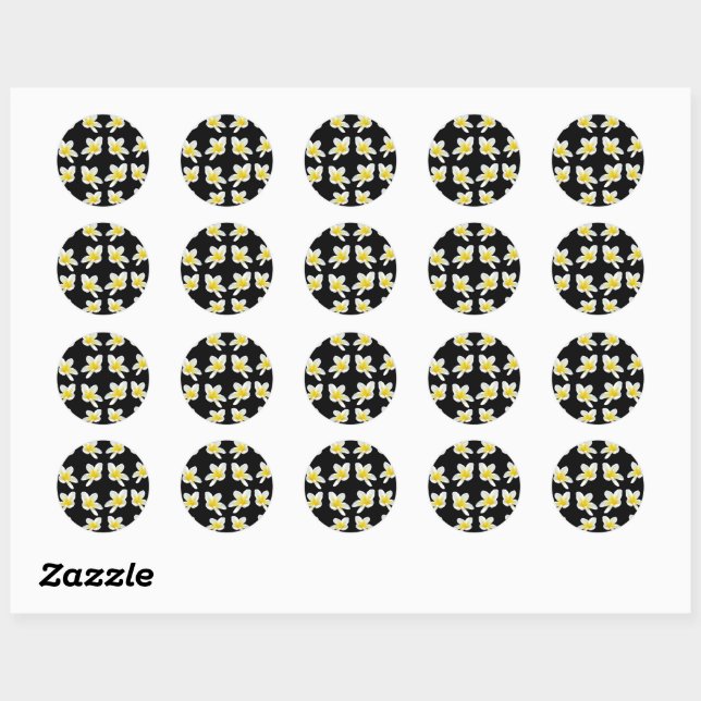 Spring Serenade: Yellow Frangipanis On Black, Classic Round Sticker (Sheet)