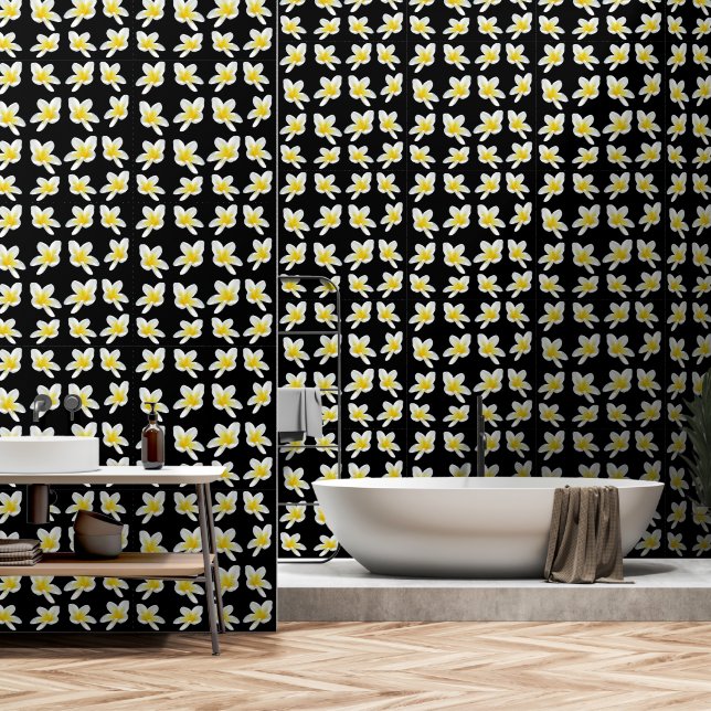 Spring Serenade: Yellow Frangipanis On Black, Wallpaper (Bathroom)