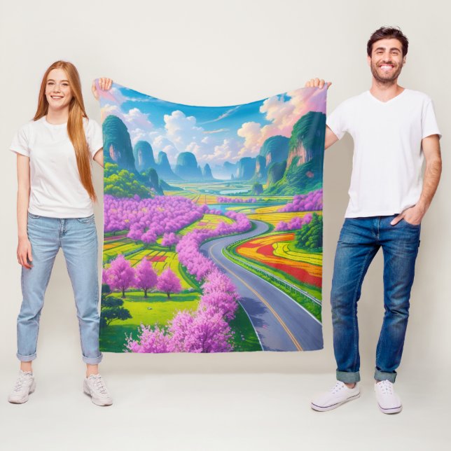 "Spring Serenity – Cherry Blossom Trail Throw" Fleece Blanket (In Situ)
