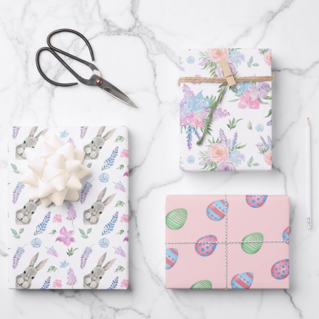Spring Set Easter Bunnies, Flowers & Eggs Wrapping Paper Sheet (Front)