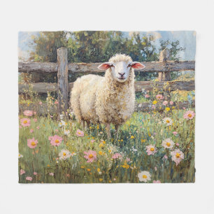 Spring Sheep with Wildflowers Painting Fleece Blanket