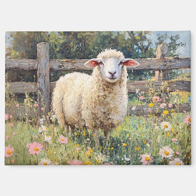 Spring Sheep with Wildflowers Painting Magnet (Front)