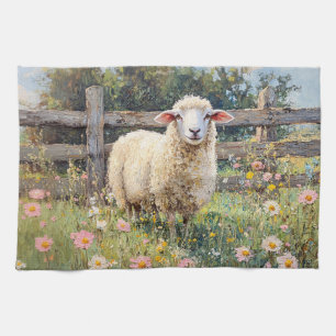 Spring Sheep with Wildflowers Painting Tea Towel