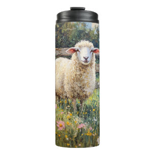 Spring Sheep with Wildflowers Painting Thermal Tumbler